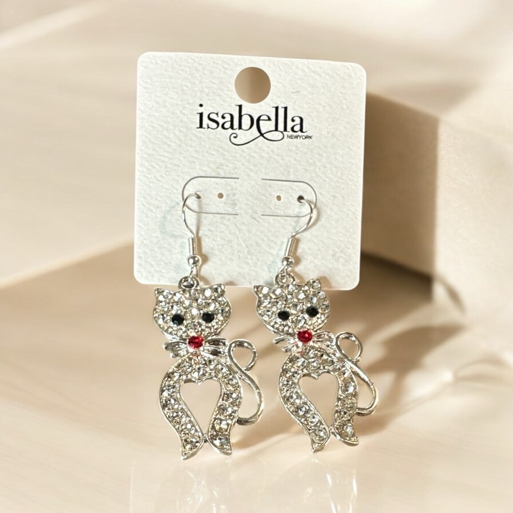 Isabella New York Cat Dangle Earrings Silver Crystal Red Bow